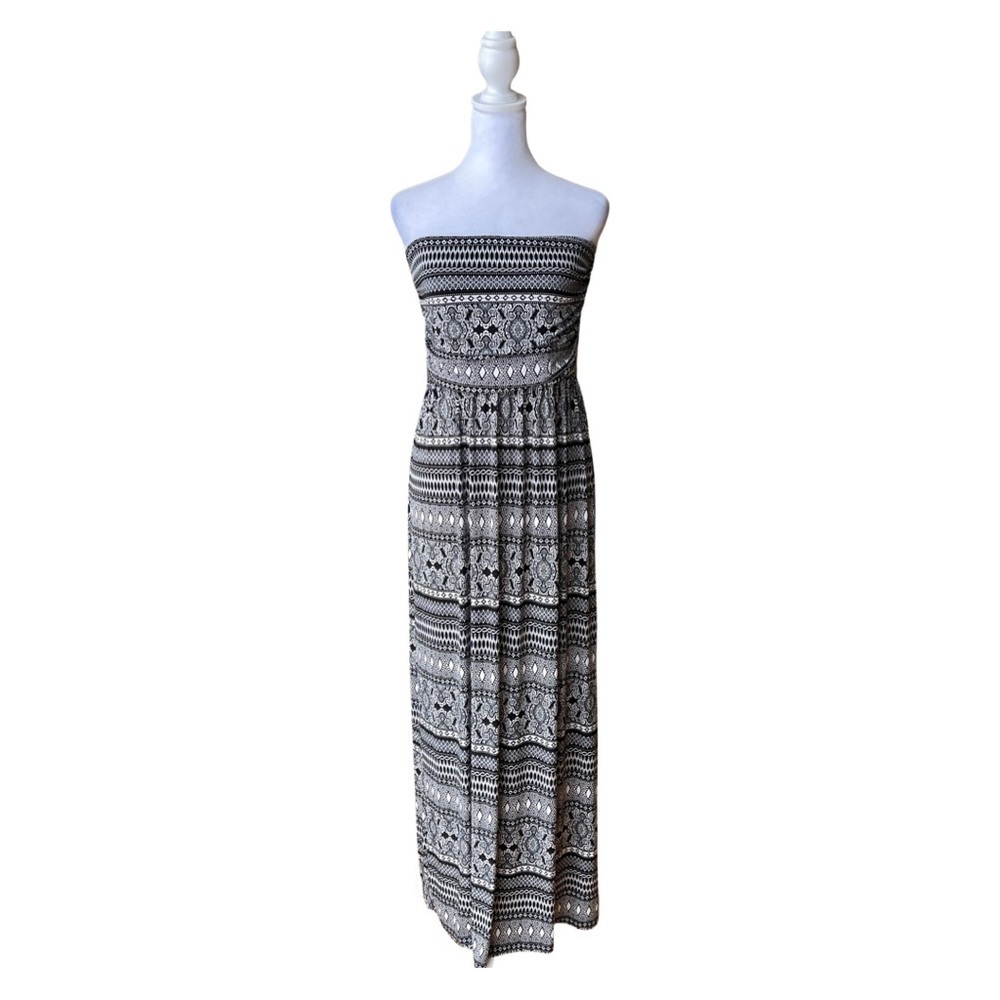 Mlle Gabrielle Strapless Aztec Print Maxi Dress | Size Large | Black/White